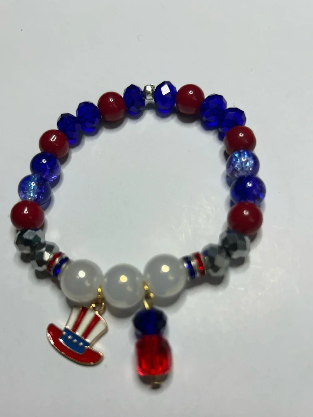 Kids Red & Blue Beaded Charm Bracelet with Patriotic Hat